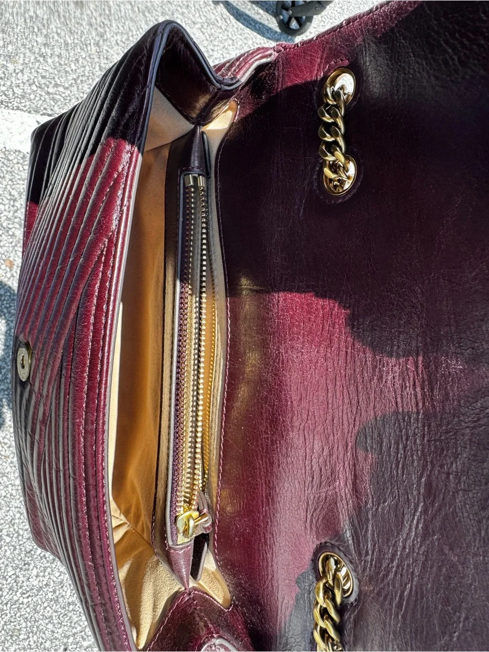 Tory Burch Quilted Chevron Convertible Clutch in Deep Burgundy with Gold Logo